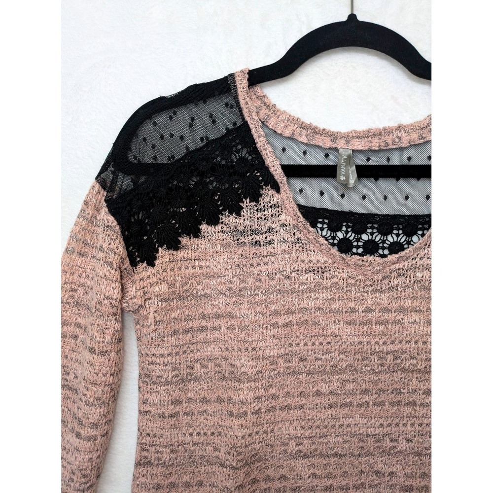Vanity Tunic Top Womens Medium Pink Black Lace Mesh Marled 3/4 Sleeve High Low